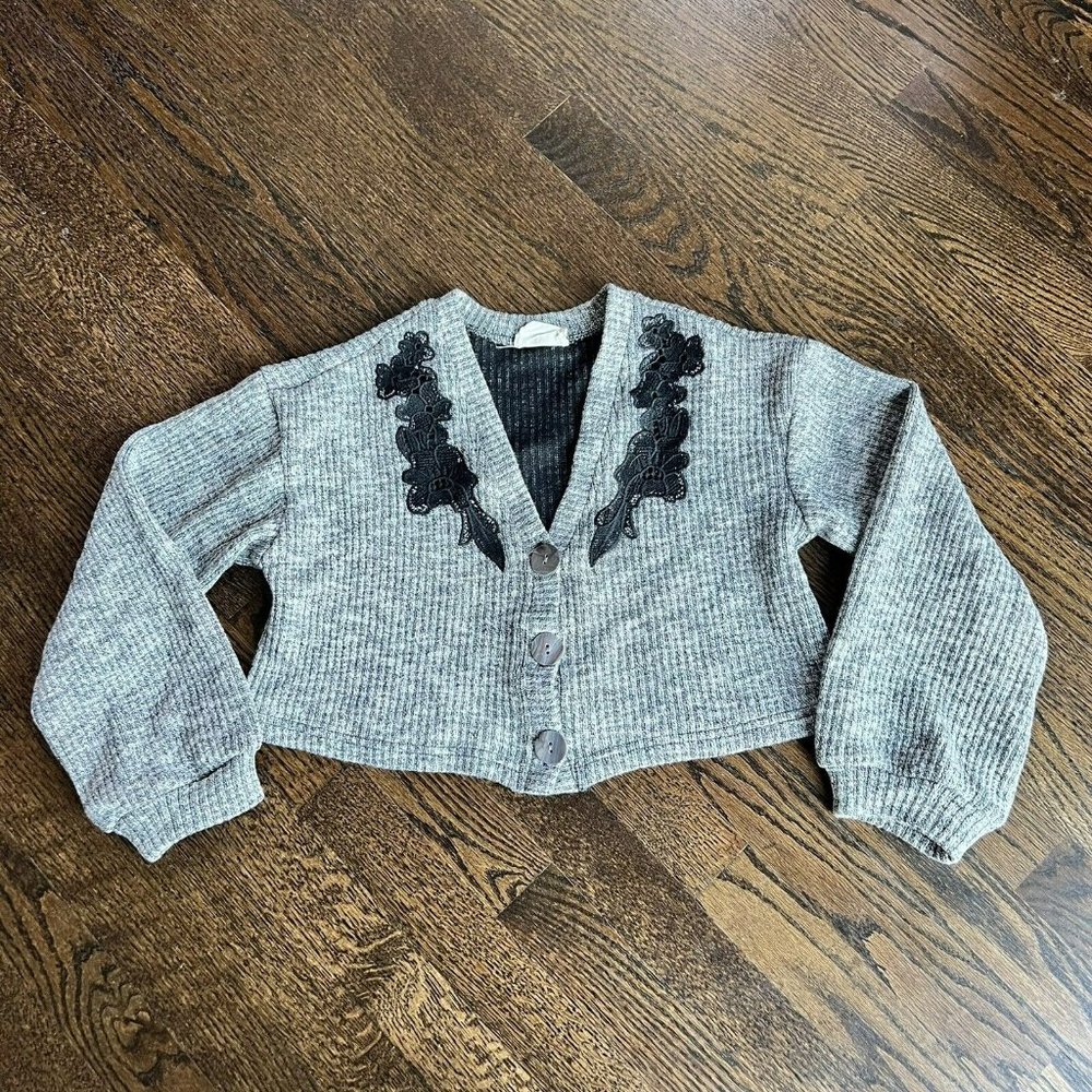 mia joy cardigan cropped gray black floral girls size 12 or womens  XS